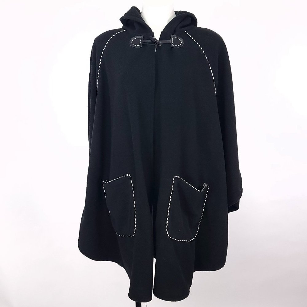 Le Moda Contrast Stitch Hooded Wrap Cape Women OS Black White Toggle Fleece